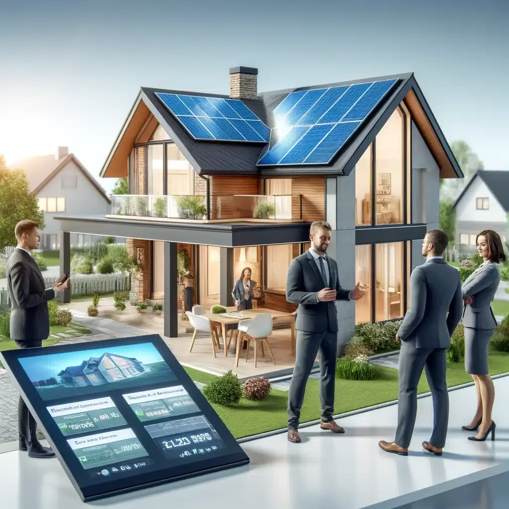 DALL·E 2024-05-09 14.32.20 - A sophisticated real estate presentation showing a modern home equipped with solar panels. The scene depicts a real estate agent discussing with prosp